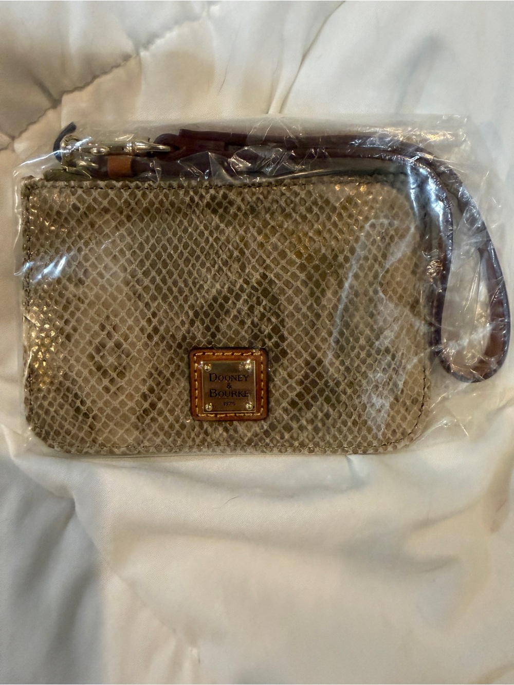 Dooney & Bourke Taupe Snake-Embossed Wristlet with Brown Strap